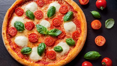 Fresh Margherita Pizza With Cherry Tomatoes And Basil