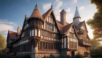 Tudor Style Mansion With Turrets And Half Timbering