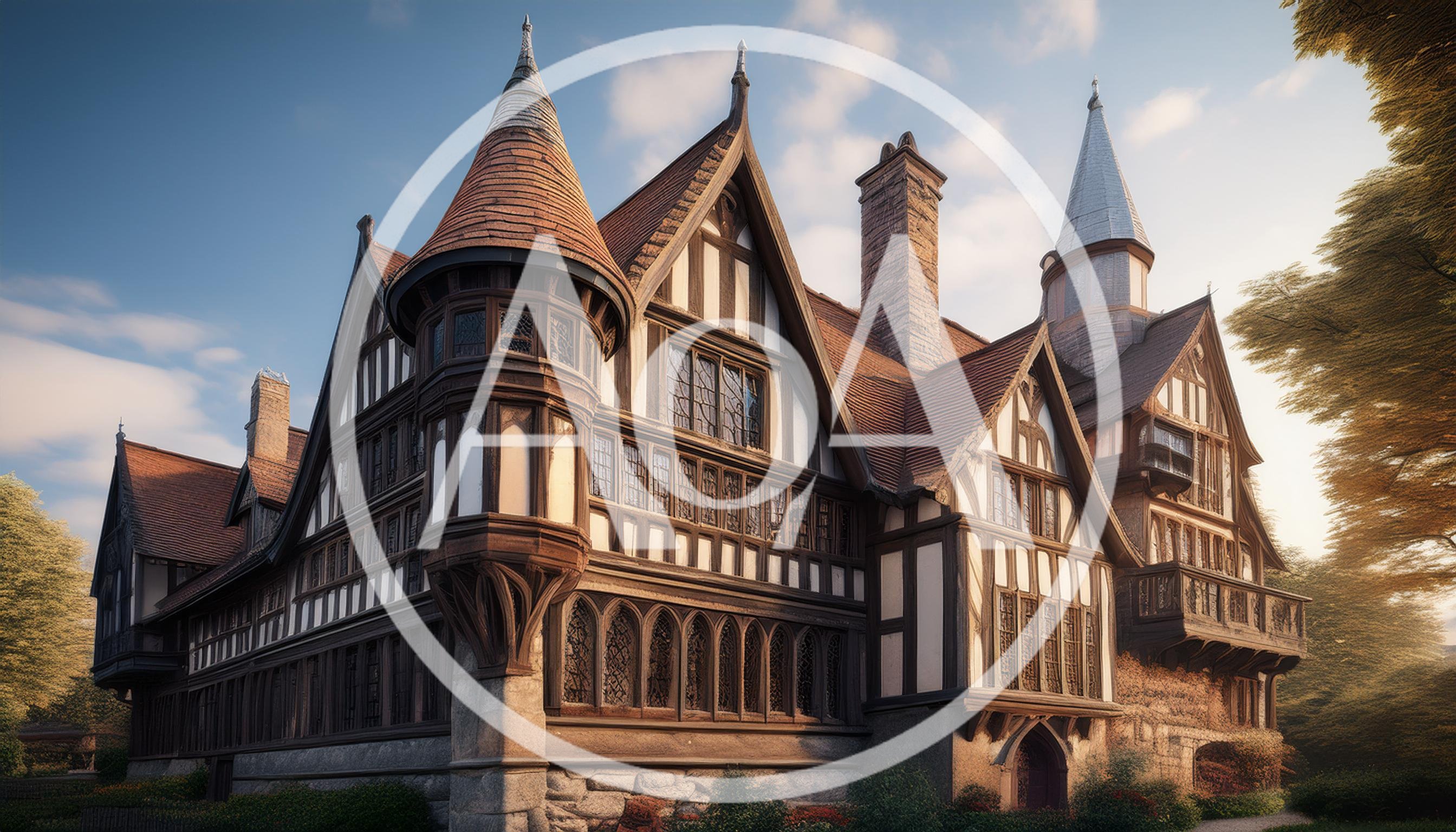 Tudor Style Mansion With Turrets And Half Timbering