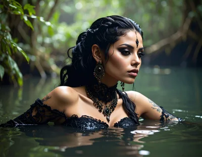 Gothic Woman With Dark Jewelry In A Forest Pond