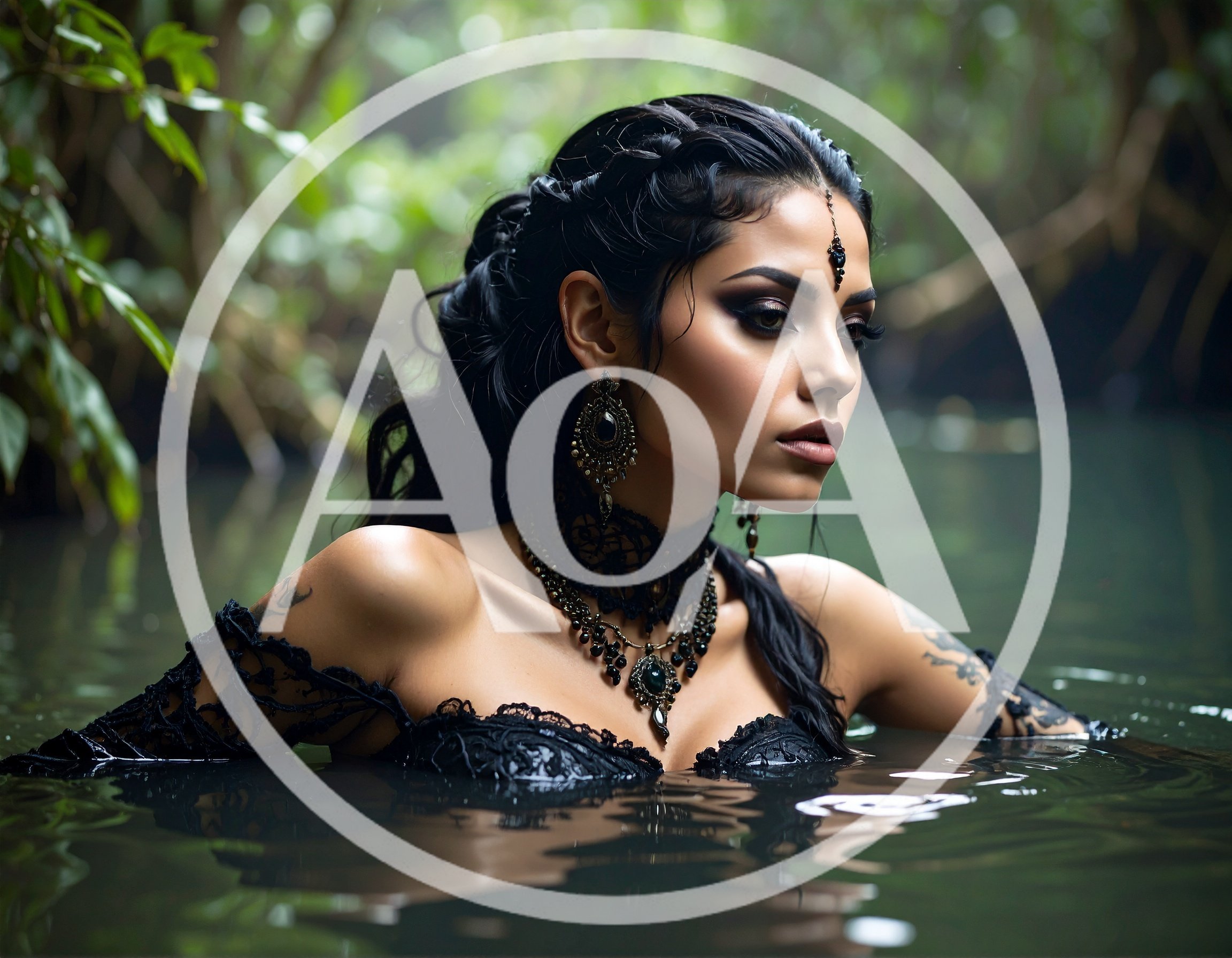 Gothic Woman With Dark Jewelry In A Forest Pond
