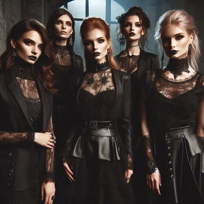Group Of Gothic Women In Elegant Black Lace Attire