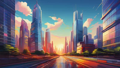 Futuristic Cityscape With Skyscrapers At Sunset