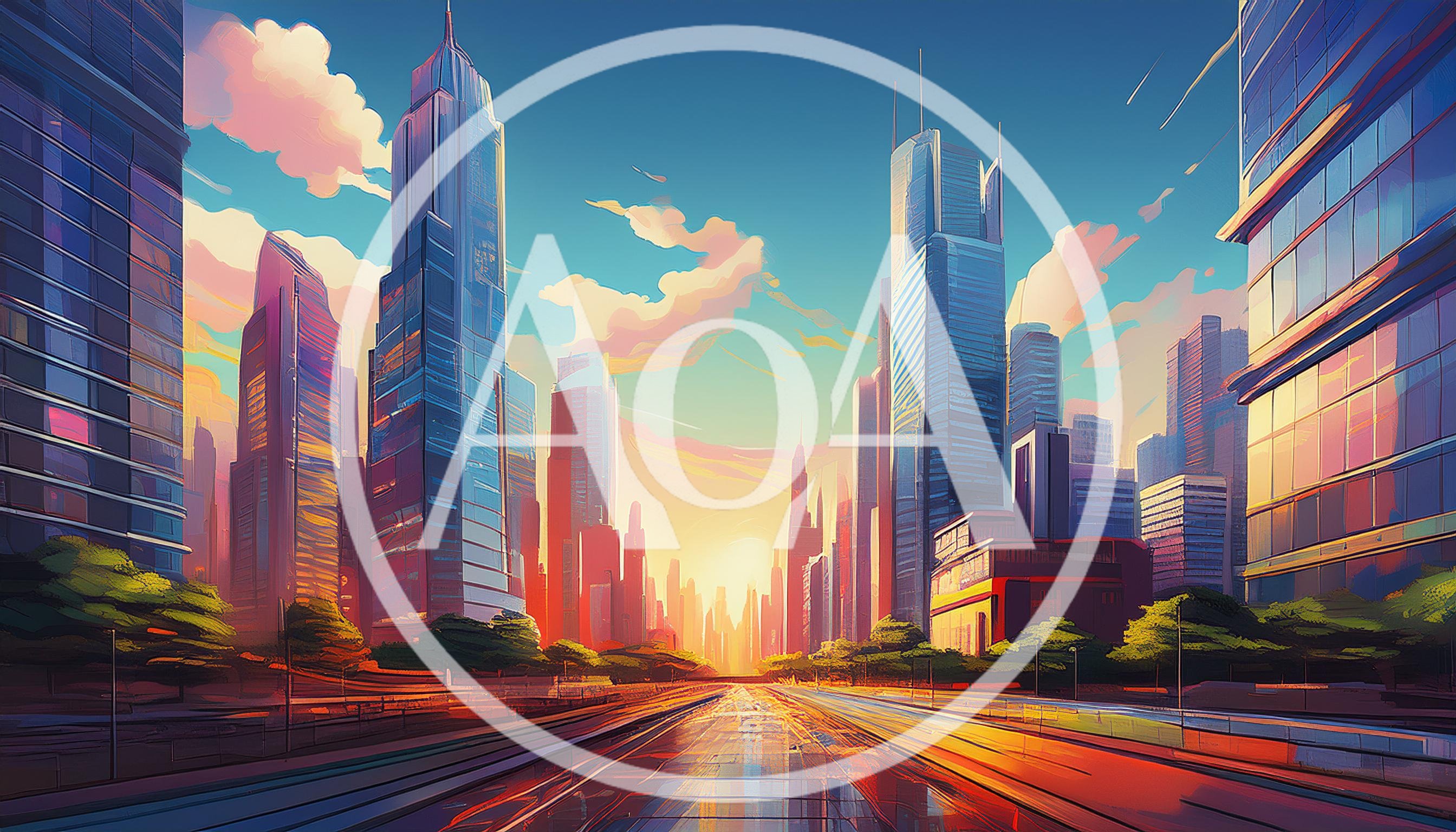 Futuristic Cityscape With Skyscrapers At Sunset