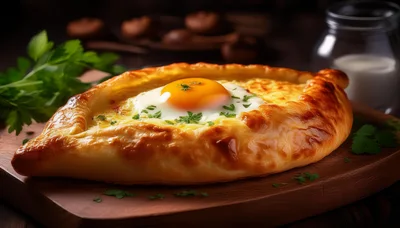 Freshly Baked Adjaruli Khachapuri With Egg And Herbs
