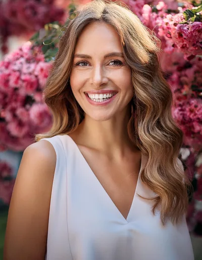 Smiling Woman With Wavy Hair In Floral Garden
