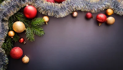 Christmas Ornaments and Pine Branches on Dark Background