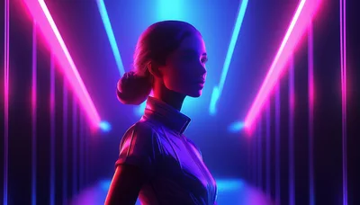 Woman Standing In A Futuristic Neon Corridor