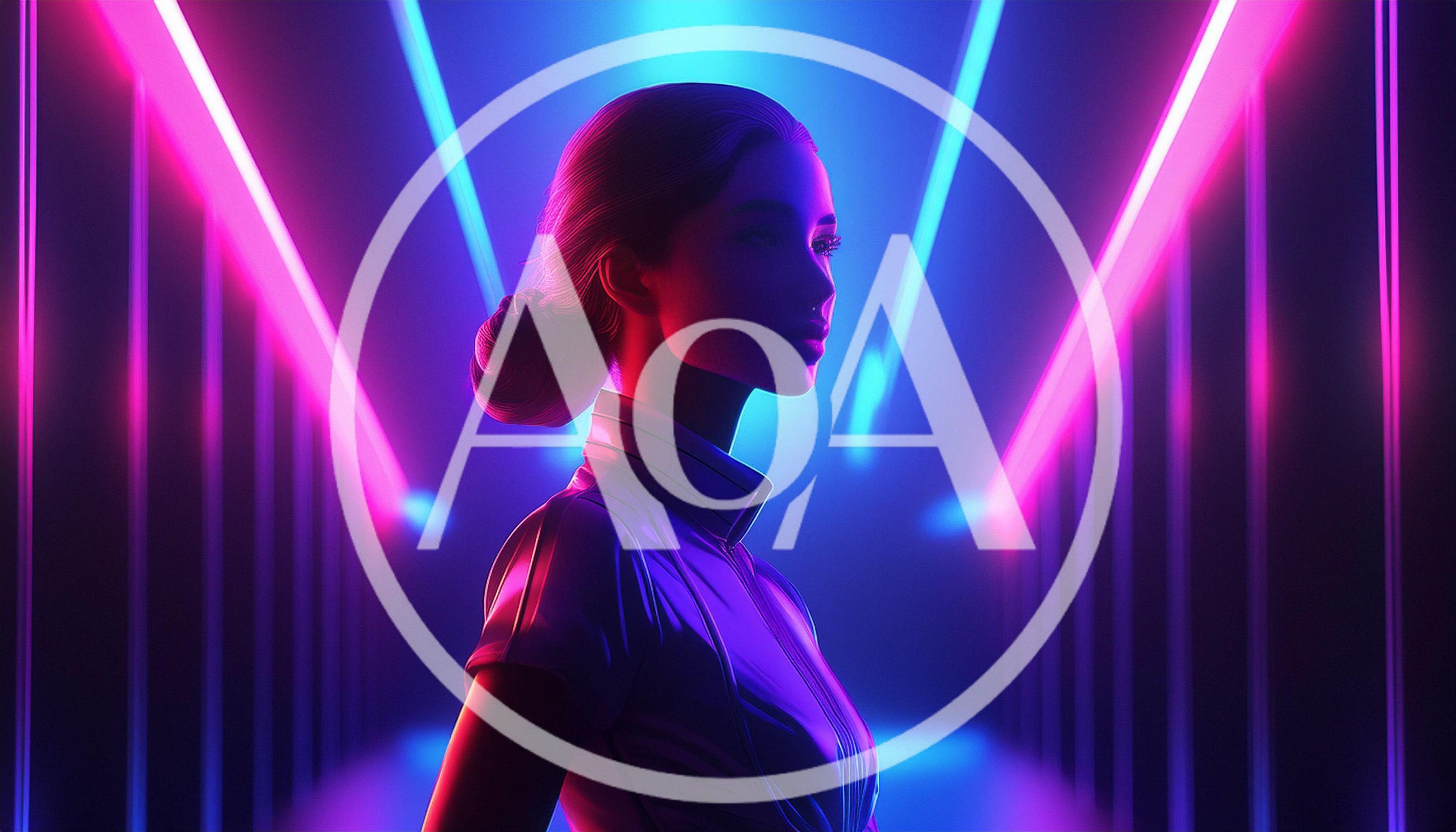 Woman Standing In A Futuristic Neon Corridor
