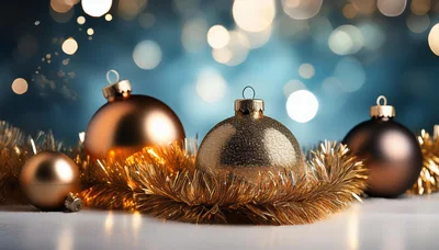 Christmas Ornaments With Gold Tinsel On A Surface