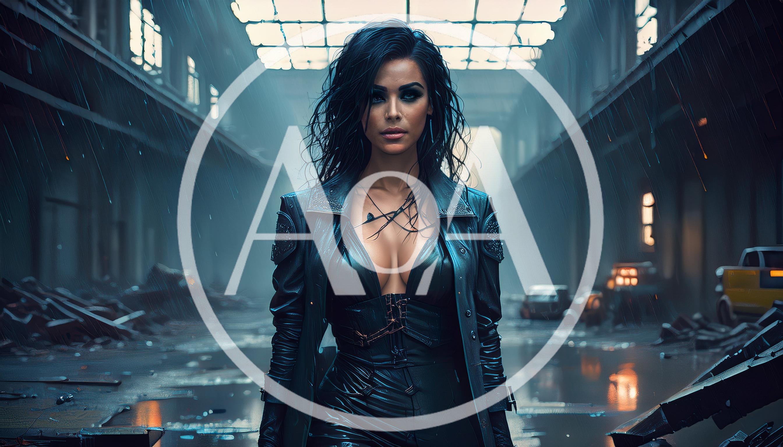 Cyberpunk Woman Standing In A Rain Swept Industrial Warehouse