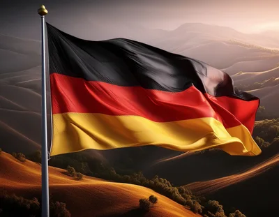 German Flag Waving Over Rolling Hills Landscape