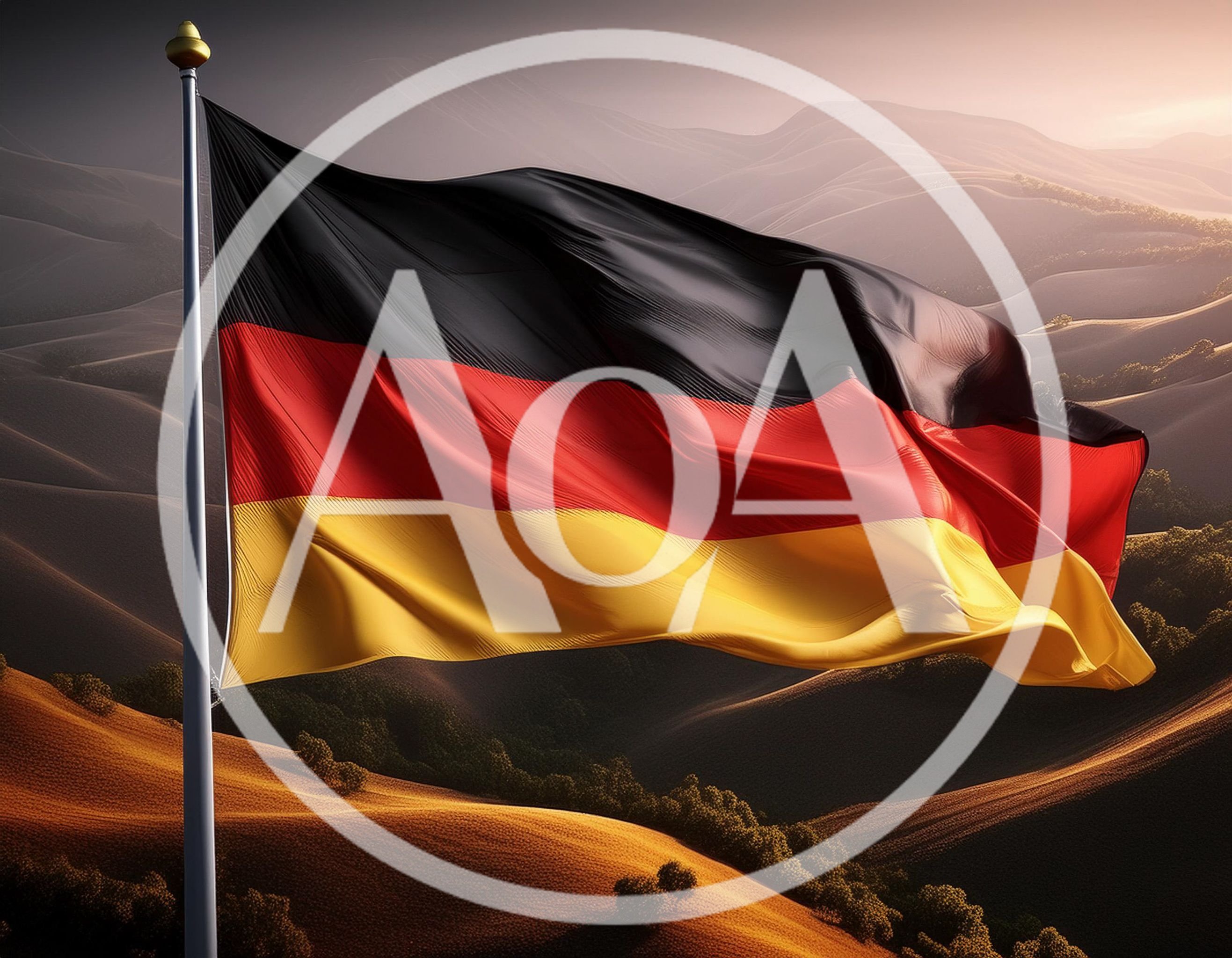 German Flag Waving Over Rolling Hills Landscape