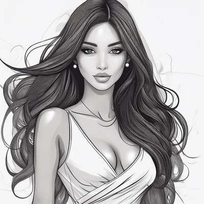 Elegant Woman With Long Flowing Hair Line Art Illustration
