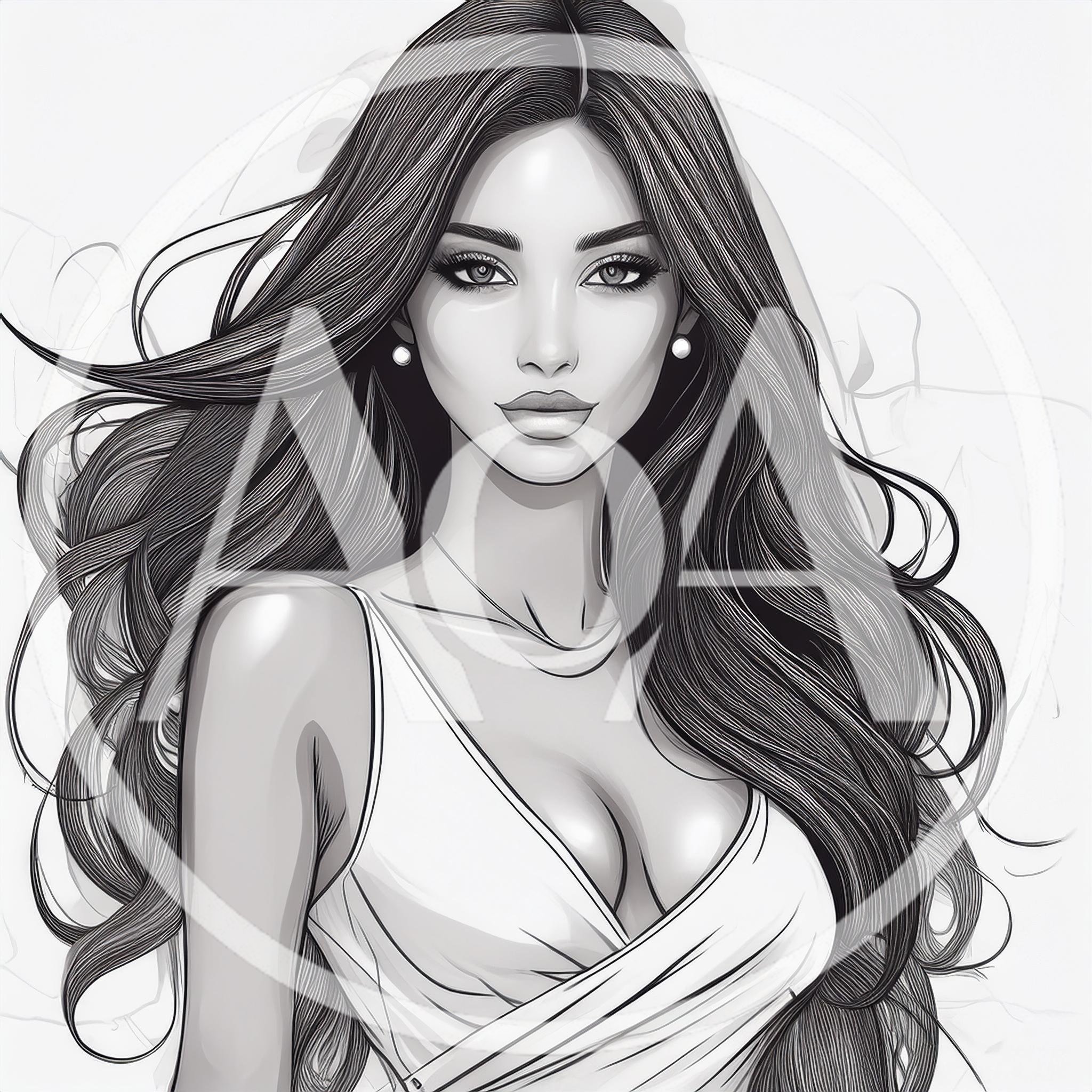Elegant Woman With Long Flowing Hair Line Art Illustration