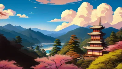 Traditional Japanese Pagoda Amidst Cherry Blossoms and Mountains