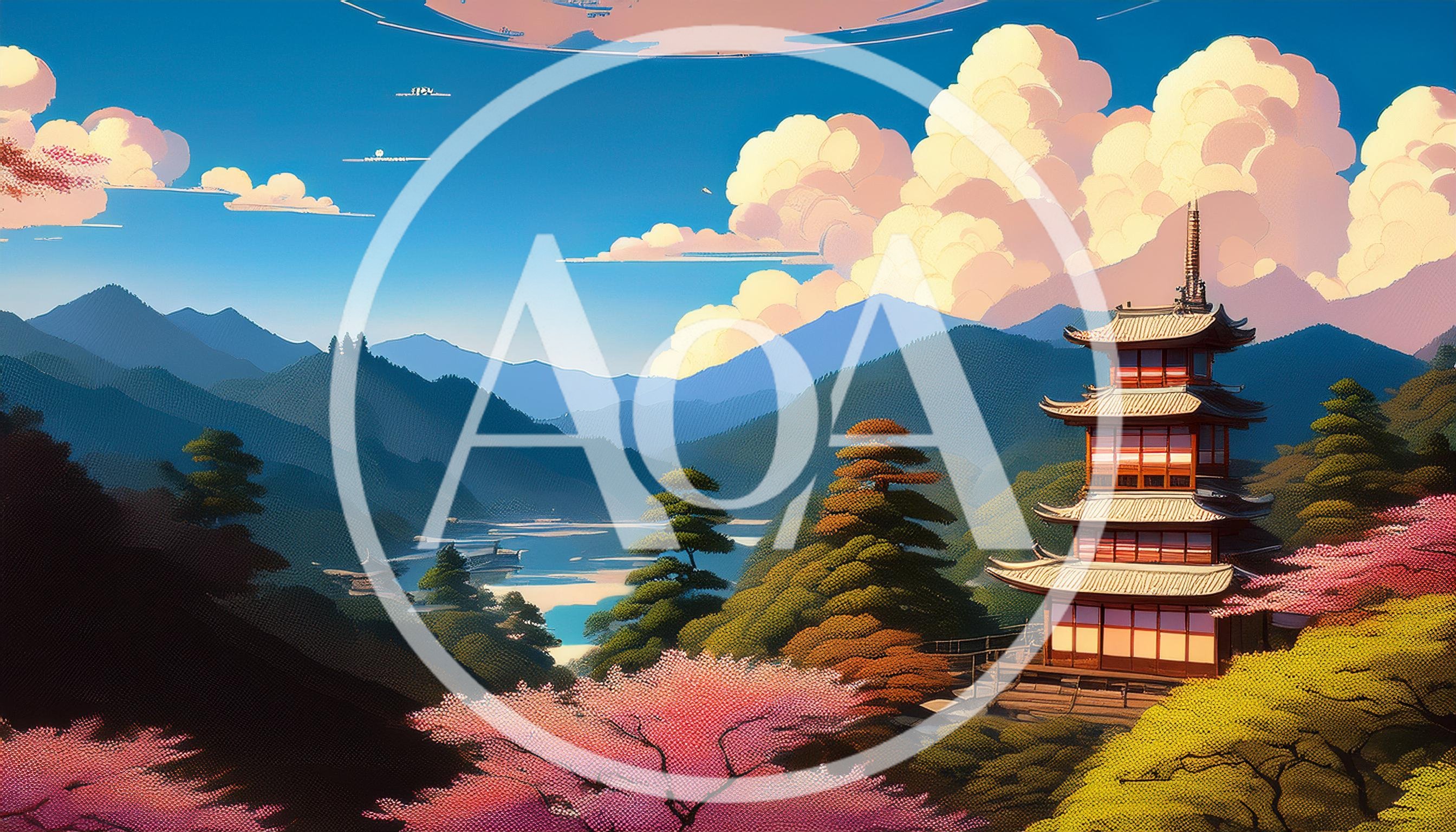 Traditional Japanese Pagoda Amidst Cherry Blossoms and Mountains