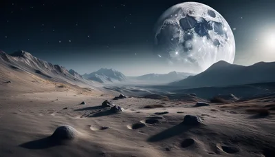 Surreal Alien Landscape With Large Moon Over Mountains