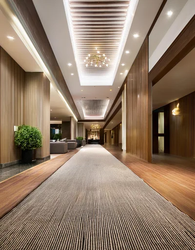Modern Luxury Hotel Corridor With Striped Carpet