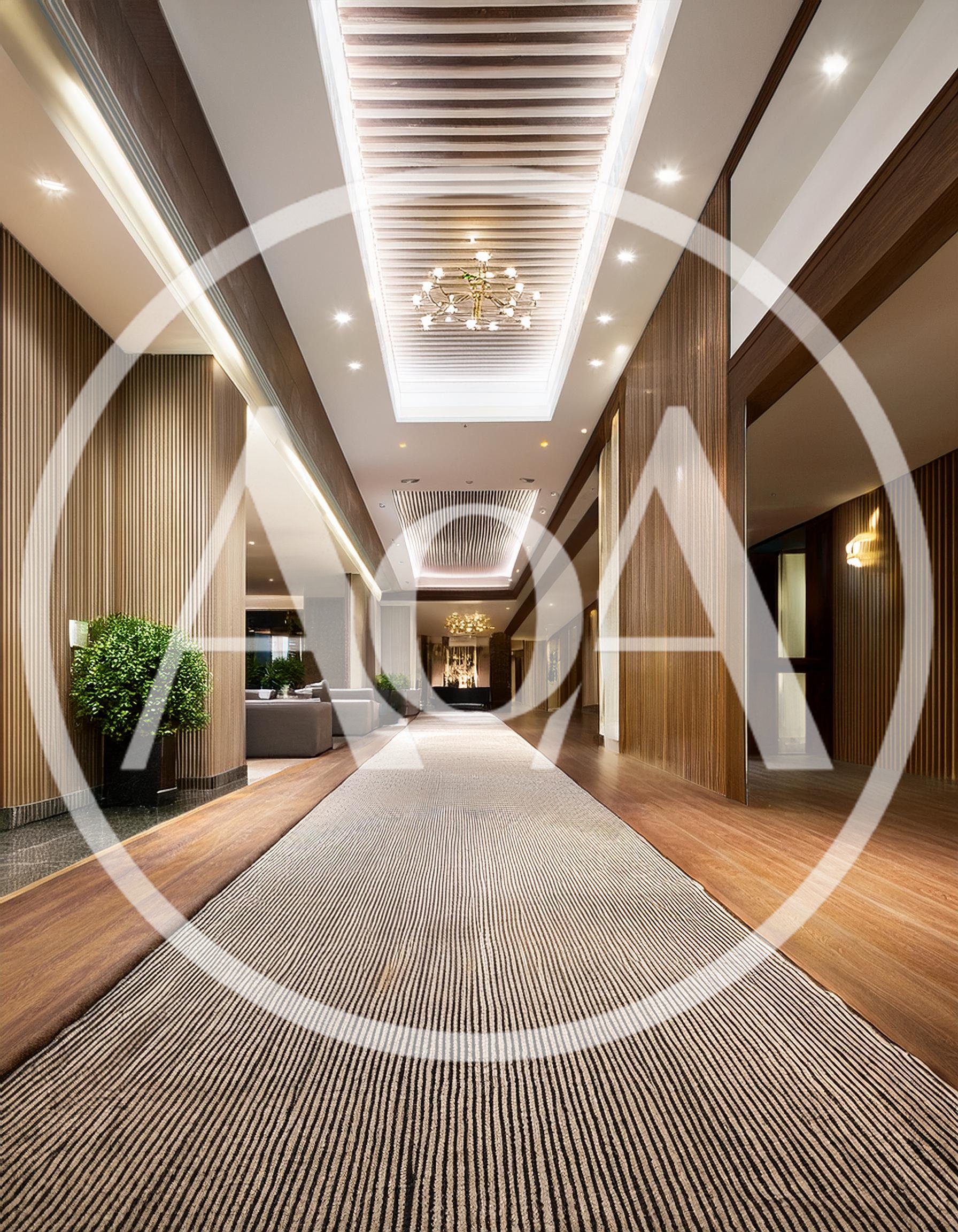 Modern Luxury Hotel Corridor With Striped Carpet