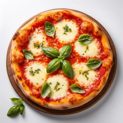 Fresh Margherita Pizza With Basil Leaves On Wooden Board