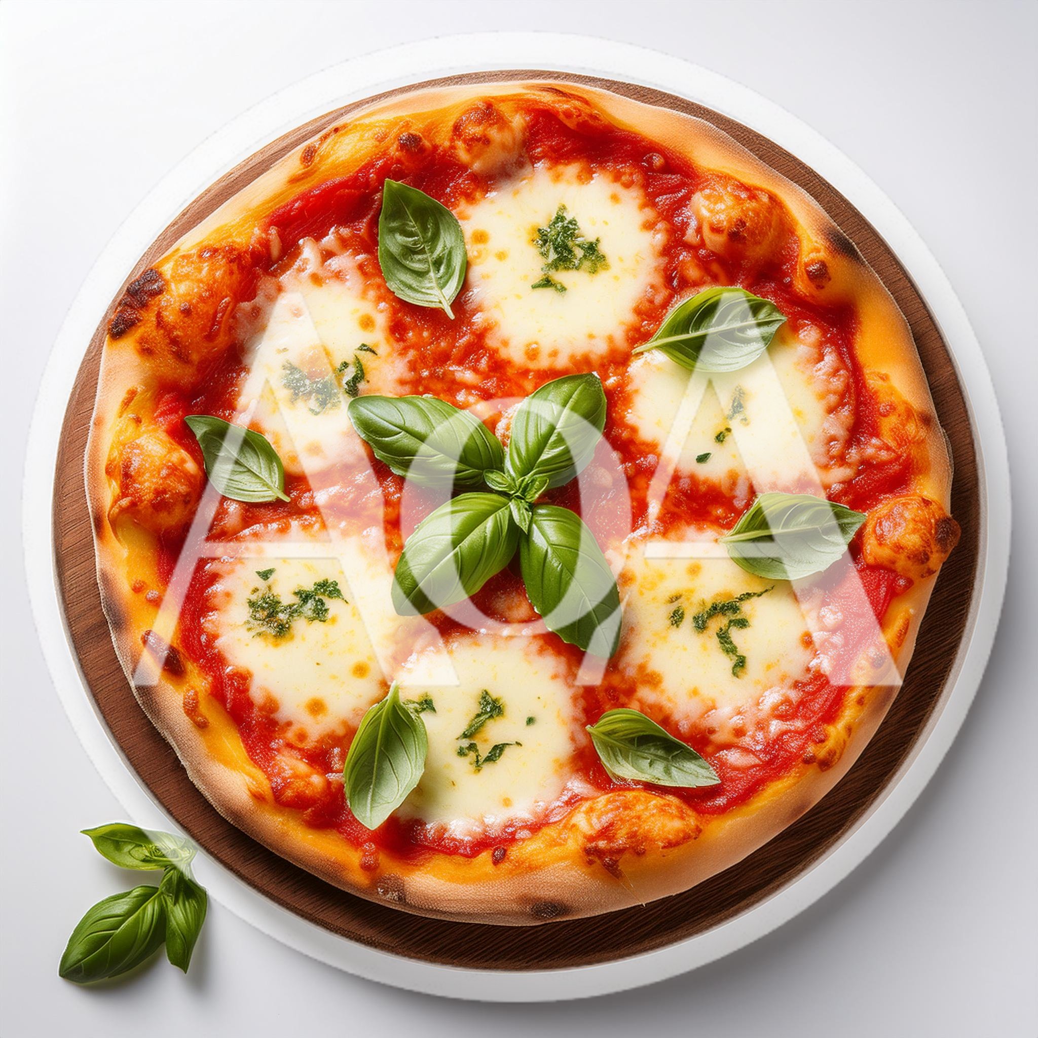 Fresh Margherita Pizza With Basil Leaves On Wooden Board