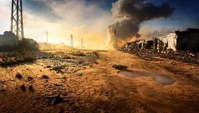 Post-Apocalyptic Industrial Wasteland With Smoke And Ruins