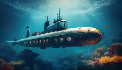 Vintage Style Submarine Exploring A Vibrant Coral Reef