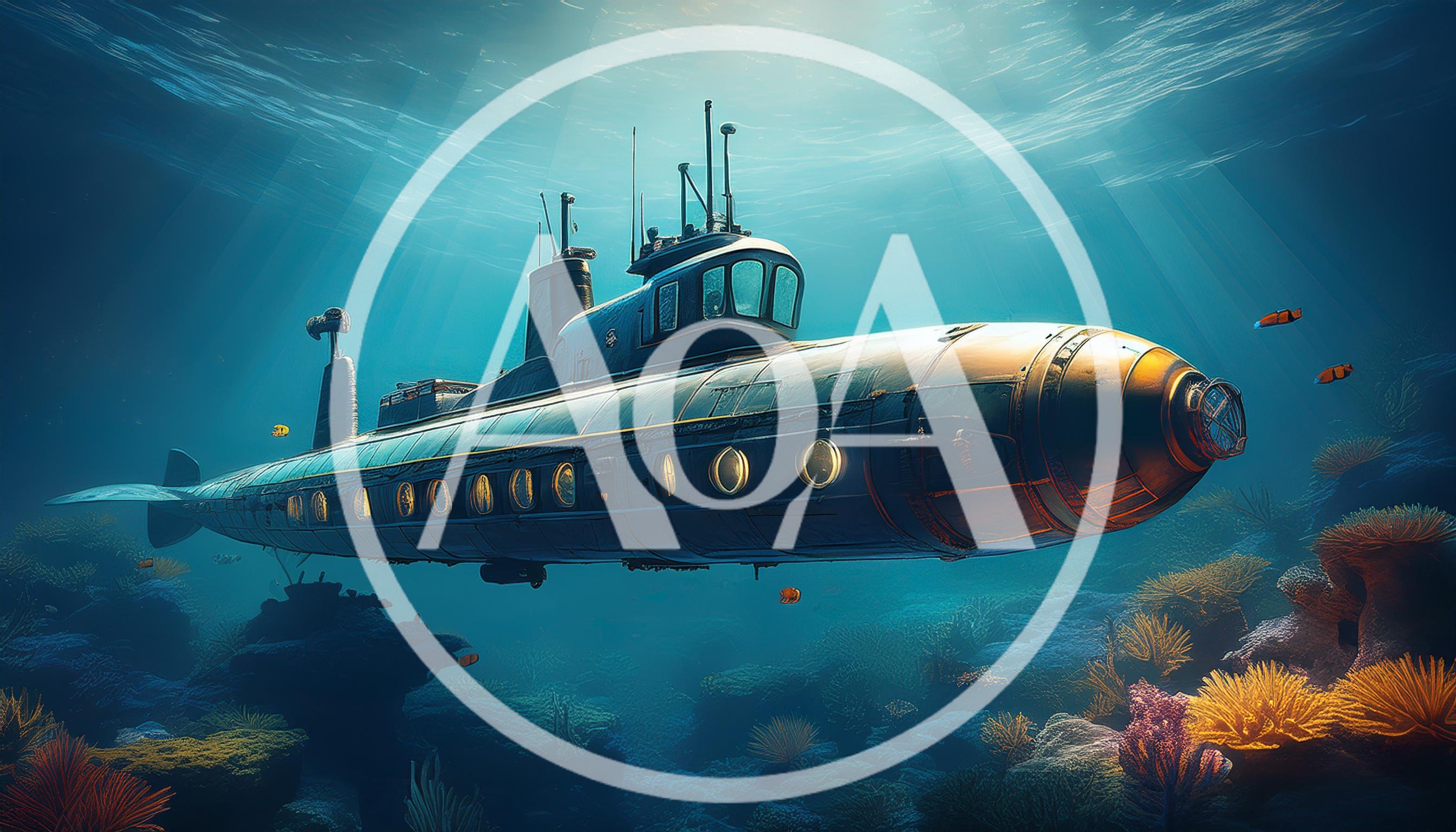Vintage Style Submarine Exploring A Vibrant Coral Reef