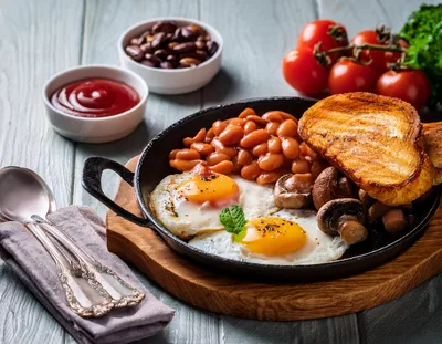 Full English Breakfast Served In A Cast Iron Skillet