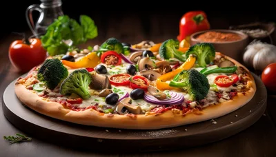 Fresh Vegetable Pizza on a Wooden Board