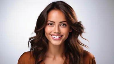 Portrait Of A Smiling Woman With Wavy Brown Hair