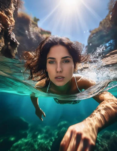 Young Woman Swimming Underwater In A Tropical Cove