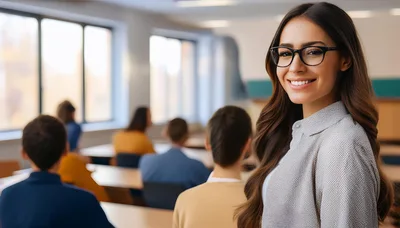 Smiling Female Professor Standing In A University Classroom