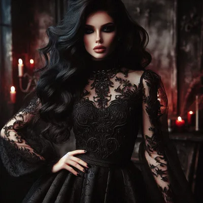 Gothic Woman In Elegant Black Lace Dress