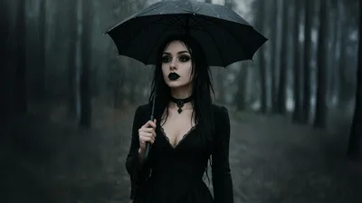 Gothic Woman Holding Umbrella In Rainy Forest