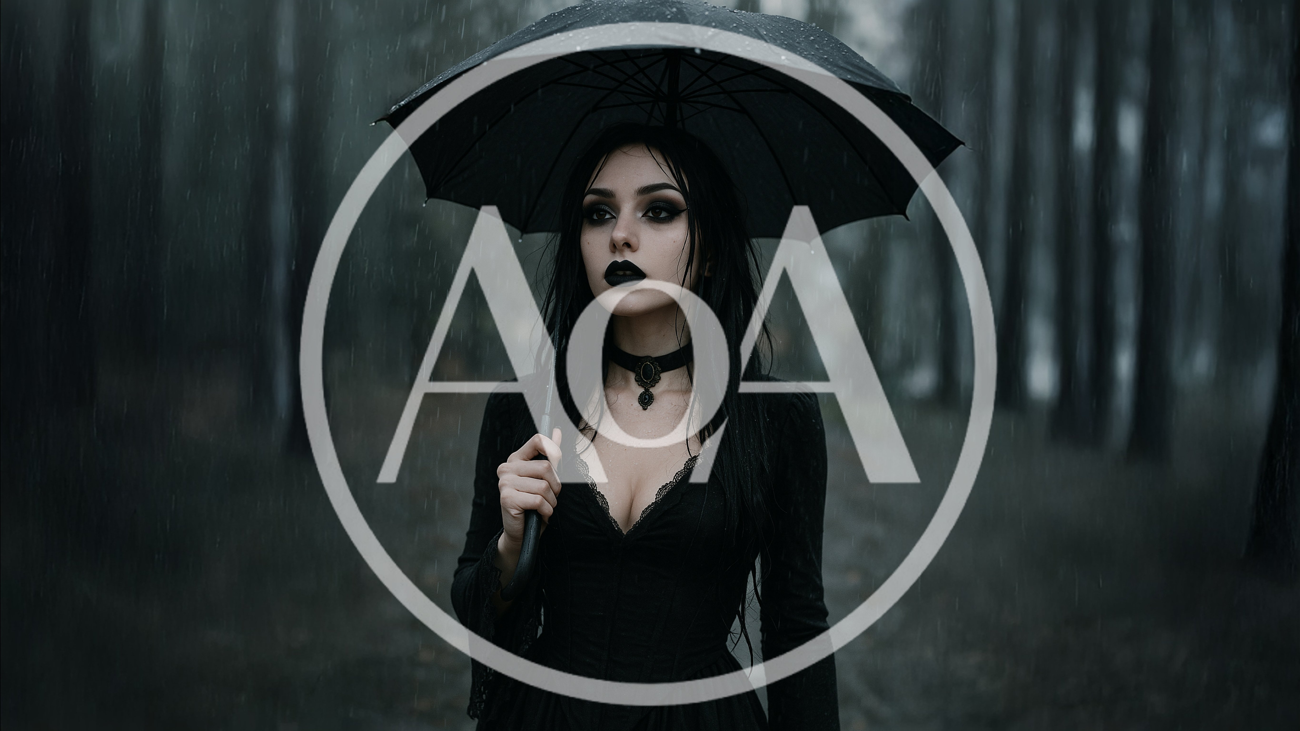 Gothic Woman Holding Umbrella In Rainy Forest