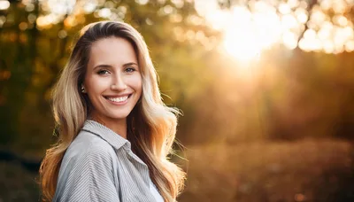 Smiling Blonde Woman Outdoors During Golden Hour
