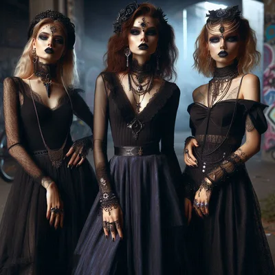 Three Gothic Women In Dark Elegant Attire