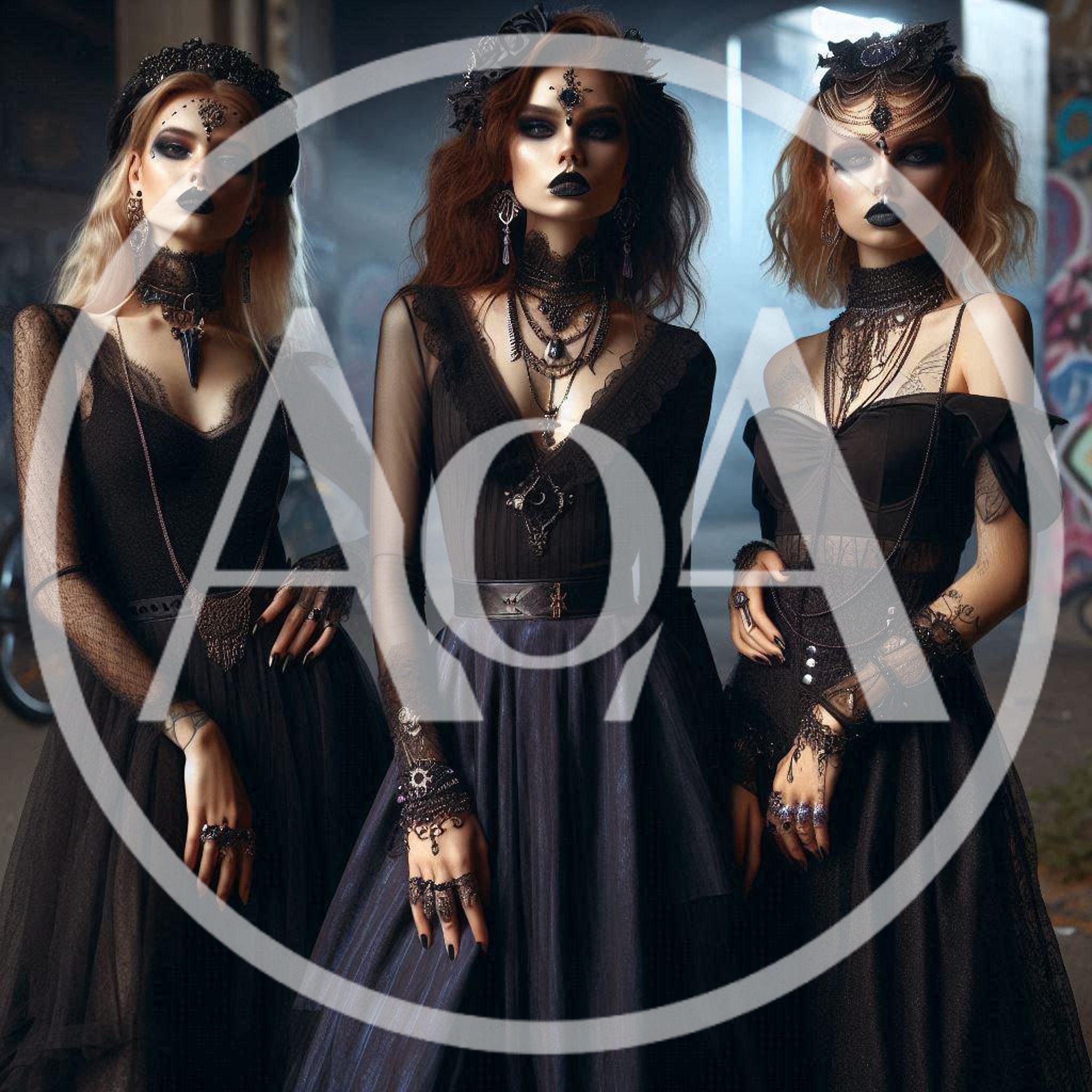 Three Gothic Women In Dark Elegant Attire
