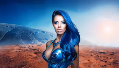 Futuristic Woman With Blue Hair On Alien Planet
