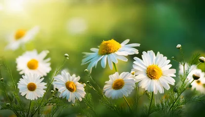 White Chamomile Flowers Blooming In A Sunny Meadow