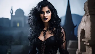 Gothic Woman With Dark Hair In Front Of Castle