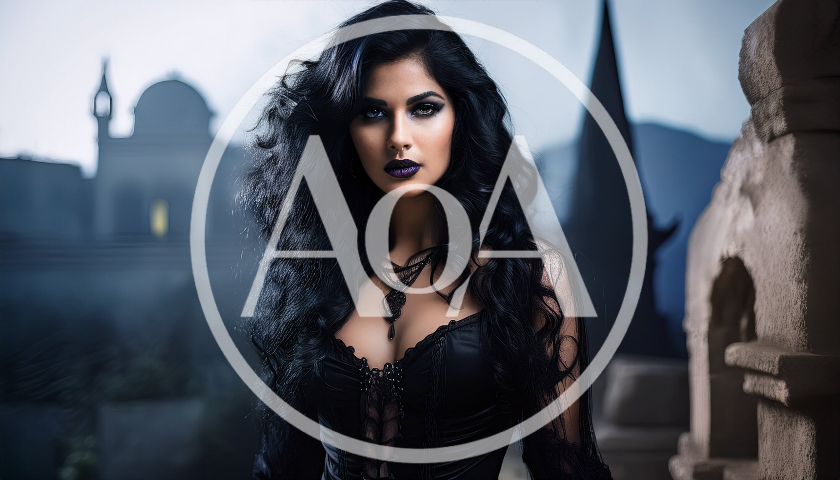Gothic Woman With Dark Hair In Front Of Castle