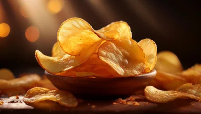 Crispy Golden Potato Chips In A Wooden Bowl