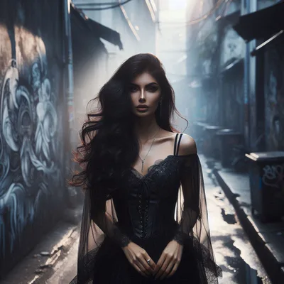 Gothic Woman Standing In A Dark Urban Alleyway
