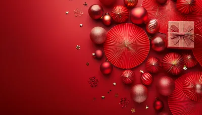 Red Christmas Ornaments and Gift Box Background