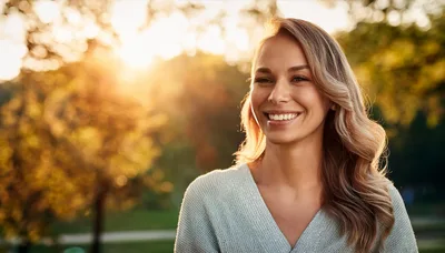 Smiling Woman Enjoying Golden Hour Sunlight In Park
