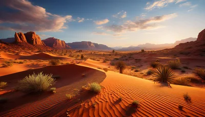 Golden Hour Desert Landscape With Sand Dunes