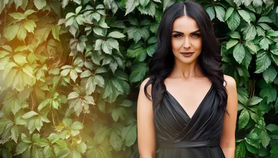 Elegant Woman With Dark Hair Posing Against Ivy Wall